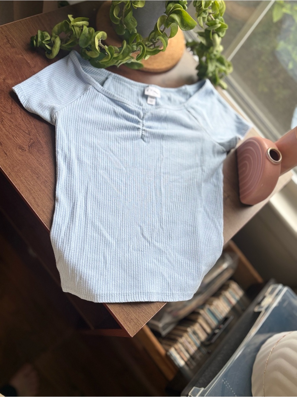 Light Blue Ribbed Short-Sleeve Kids Top